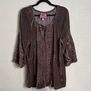 JOHNNY WAS Brown/Gray Velvet Embroidered Tunic